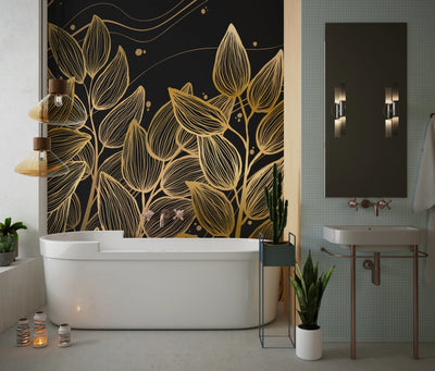Exotic Golden Leaves Wallpaper, Seamless Pattern Mural, Oversized Custom Size Wall Art, Non-Woven, Non-Adhesive, Modern Wall Paper, Removable