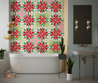 Christmas Poinsettia Wallpaper, Seamless Pattern Mural, Oversized Custom Size Wall Art, Non-Woven, Non-Adhesive, Modern Wall Paper, Removable