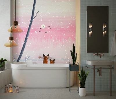 Winter Landscape Wallpaper, Foxes Mural, Oversized Custom Size Wall Art, Non-Woven, Non-Adhesive, Modern Wall Paper, Removable