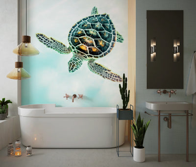Cute Baby Turtle Wallpaper, Turquoise Water Mural, Oversized Custom Size Wall Art, Non-Woven, Non-Adhesive, Modern Wall Paper, Removable