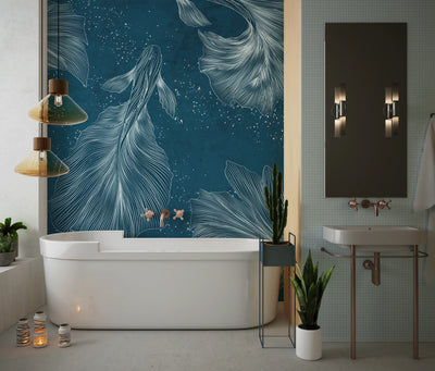 Koi Fish Wallpaper, Silver Line Style Wall Mural, Oversized Custom Size Wall Art, Non-Woven, Non-Adhesive, Modern Wall Paper, Removable
