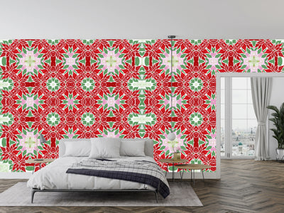 Christmas Poinsettia Retro Wallpaper, Seamless Pattern Mural, Oversized Custom Size Wall Art, Non-Woven, Non-Adhesive, Modern Wall Paper, Removable