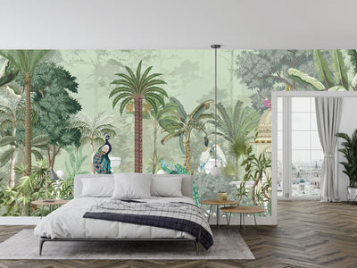 Mughal Garden Wallpaper, Birds Mural, Oversized Custom Size Wall Art, Non-Woven, Non-Adhesive, Modern Wall Paper, Removable