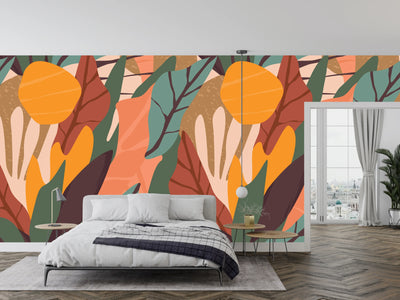 Colorful Leaves Wallpaper, Seamless Pattern Mural, Oversized Custom Size Wall Art, Non-Woven, Non-Adhesive, Modern Wall Paper, Removable