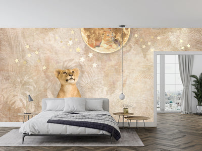Cute Lion Baby Wallpaper, Gold Moon Mural, Oversized Custom Size Wall Art, Non-Woven, Non-Adhesive, Modern Wall Paper, Removable