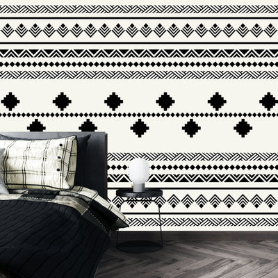 Ethnic Tribal Black and White Wallpaper, Seamless Pattern Mural, Oversized Custom Size Wall Art, Non-Woven, Non-Adhesive, Modern Wall Paper, Removable