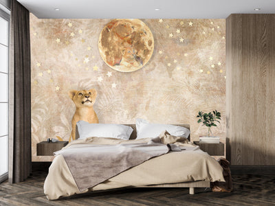Cute Lion Baby Wallpaper, Gold Moon Mural, Oversized Custom Size Wall Art, Non-Woven, Non-Adhesive, Modern Wall Paper, Removable
