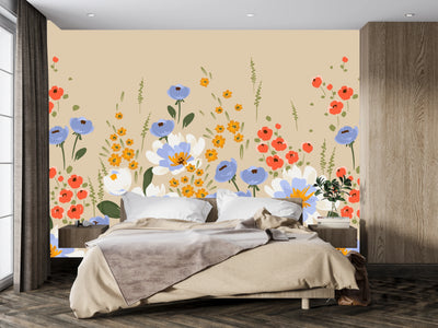 Colorful Floral Wallpaper, Seamless Pattern Mural, Oversized Custom Size Wall Art, Non-Woven, Non-Adhesive, Modern Wall Paper, Removable