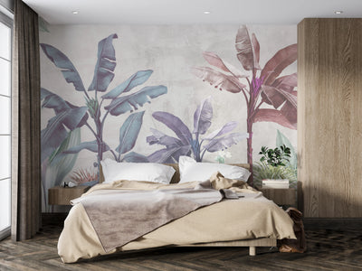 Soft Color Tropical Leaves Wallpaper, Banana Trees Mural, Oversized Custom Size Wall Art, Non-Woven, Non-Adhesive, Modern Wall Paper, Removable