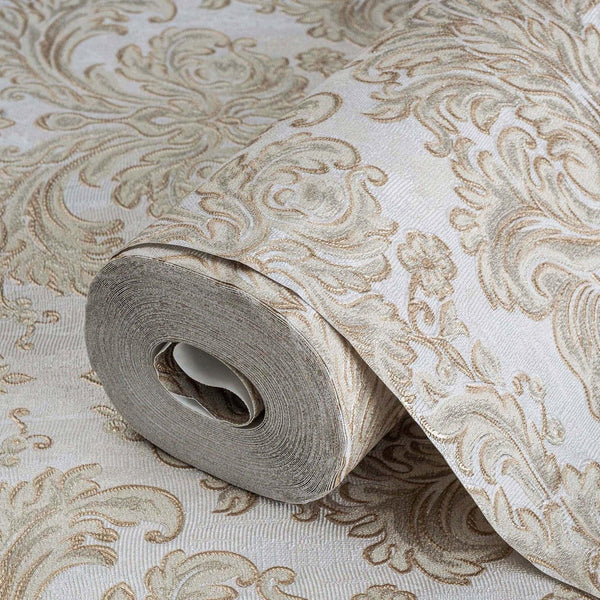Beige Rich Baroque Damask Wallpaper Deep Embossed Shimmering Vintage Design - Walloro High End Wallcoverings & More