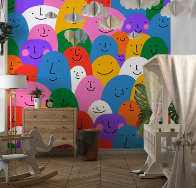 Colorful Cartoon People Wallpaper, Seamless Pattern Mural, Oversized Custom Size Wall Art, Non-Woven, Non-Adhesive, Modern Wall Paper, Removable