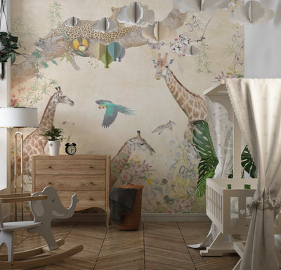 Tropical Trees Wallpaper, Safari Animals Mural, Oversized Custom Size Wall Art, Non-Woven, Non-Adhesive, Modern Wall Paper, Removable