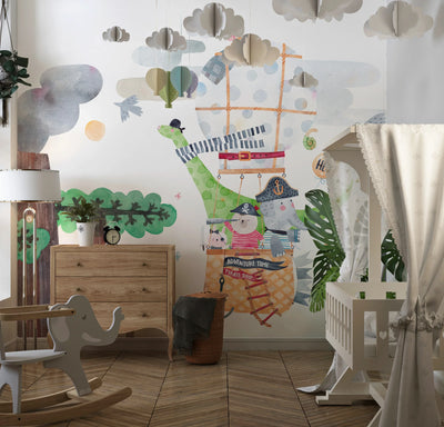 Cute Animals Wallpaper, Travelling by Balloon Mural, Oversized Custom Size Wall Art, Non-Woven, Non-Adhesive, Modern Wall Paper, Removable