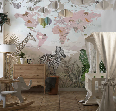 Kids World Map Wallpaper, Safari Animals Mural, Oversized Custom Size Wall Art, Non-Woven, Non-Adhesive, Modern Wall Paper, Removable