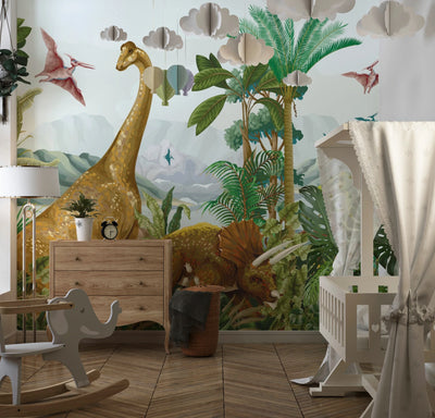Dino World Wallpaper, Palms Mural, Oversized Custom Size Wall Art, Non-Woven, Non-Adhesive, Modern Wall Paper, Removable