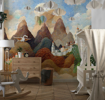 Castle and Dragon Wallpaper, Painted Style Mural, Oversized Custom Size Wall Art, Non-Woven, Non-Adhesive, Modern Wall Paper, Removable