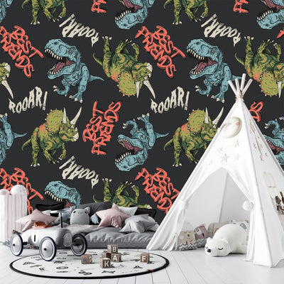 Cartoon Dinosaurs Wallpaper, Seamless Pattern Mural, Oversized Custom Size Wall Art, Non-Woven, Non-Adhesive, Modern Wall Paper, Removable