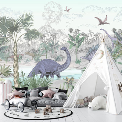 Blue Dino World Wallpaper, Jungle Mural, Oversized Custom Size Wall Art, Non-Woven, Non-Adhesive, Modern Wall Paper, Removable