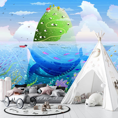 Island in the Ocean Wallpaper, Green Hill Mural, Oversized Custom Size Wall Art, Non-Woven, Non-Adhesive, Modern Wall Paper, Removable