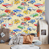 Kids Cars Wallpaper, Seamless Pattern Mural, Oversized Custom Size Wall Art, Non-Woven, Non-Adhesive, Modern Wall Paper, Removable