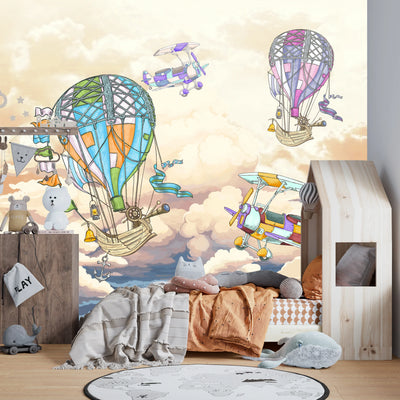 Colorful Balloons Wallpaper, Airplanes Mural, Oversized Custom Size Wall Art, Non-Woven, Non-Adhesive, Modern Wall Paper, Removable