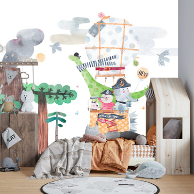 Cute Animals Wallpaper, Travelling by Balloon Mural, Oversized Custom Size Wall Art, Non-Woven, Non-Adhesive, Modern Wall Paper, Removable