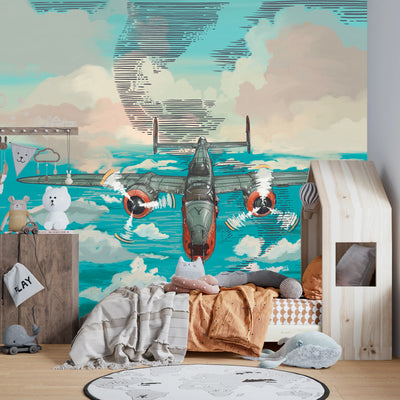 Plane in the Sky Wallpaper, Over the Sea Mural, Oversized Custom Size Wall Art, Non-Woven, Non-Adhesive, Modern Wall Paper, Removable