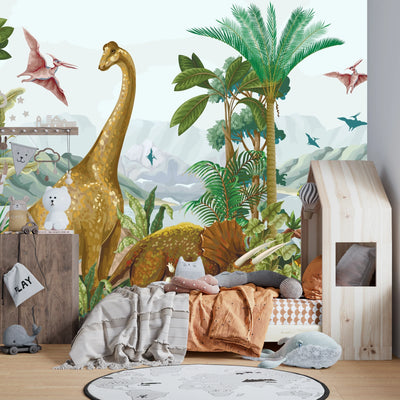 Dino World Wallpaper, Palms Mural, Oversized Custom Size Wall Art, Non-Woven, Non-Adhesive, Modern Wall Paper, Removable