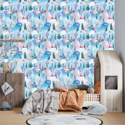 Childish Forest Wallpaper, Winter Seamless Pattern Mural, Oversized Custom Size Wall Art, Non-Woven, Non-Adhesive, Modern Wall Paper, Removable