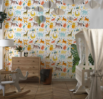 Wild African Animals Wallpaper, Seamless Pattern Mural, Oversized Custom Size Wall Art, Non-Woven, Non-Adhesive, Modern Wall Paper, Removable