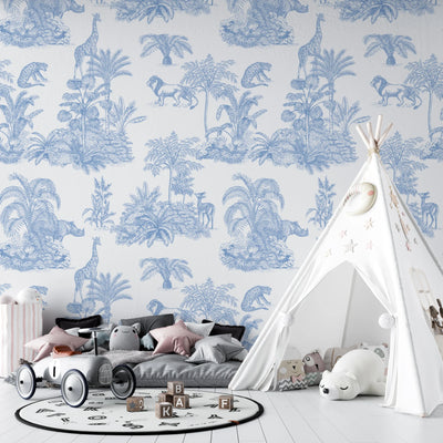 Blue Toile Jungle Wallpaper, African Animals Mural, Oversized Custom Size Wall Art, Non-Woven, Non-Adhesive, Modern Wall Paper, Removable
