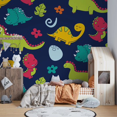 Cartoon Dinosaurs Wallpaper, Childish Seamless Pattern Mural, Oversized Custom Size Wall Art, Non-Woven, Non-Adhesive, Modern Wall Paper, Removable
