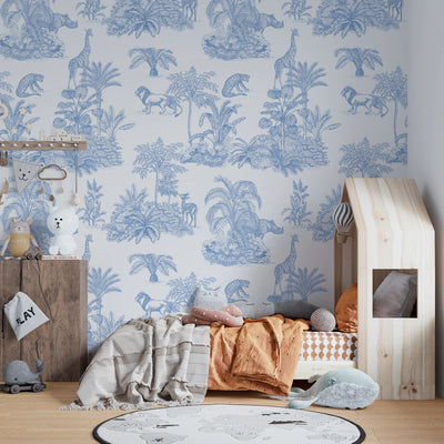 Blue Toile Jungle Wallpaper, African Animals Mural, Oversized Custom Size Wall Art, Non-Woven, Non-Adhesive, Modern Wall Paper, Removable