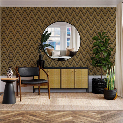 Chevron Wallpaper, Brown, Yellow Geometric Deep Embossed Zigzag Pattern Geometric Wallcovering - Walloro High End Wallcoverings & More