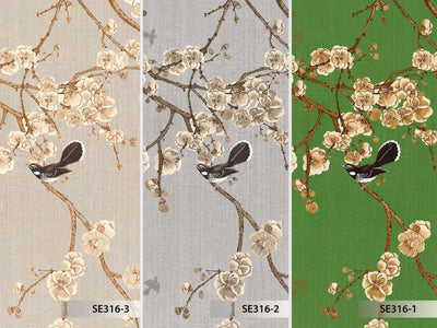 Chinoiserie Birds Floral Wall Mural, Gray Flowers Blossom Wallpaper, Large, Oversized Elegant Custom Size Wall Art, Non-Woven, Non-Pasted, Modern - Walloro High End Wallcoverings & More