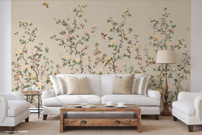 Chinoiserie Floral Blossoms Wall Mural, Green Botanical Tree Flowers Wallpaper, Custom Size Wall Covering, Non-Woven, Non-Adhesive, Removable, Washable - Walloro High End Wallcoverings & More