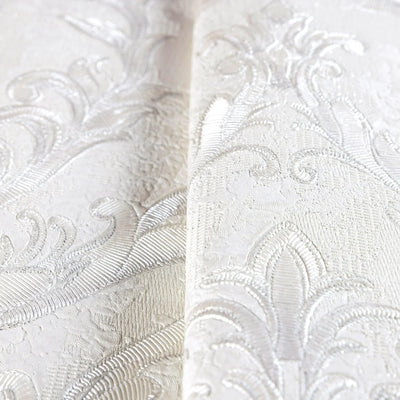 Damask Deep Embossed Wallpaper, White, Silver Luxury 3D Non-Pasted Wallcovering, Shimmering, Traditional Non-Woven Wall Decor - Walloro High End Wallcoverings & More