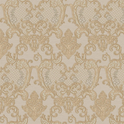 Damask Flocked Velvet Feel Wallpaper, Beige Deep 3D Embossed Quilted Texture Luxury Wallcovering, Non-Woven - Walloro High End Wallcoverings & More