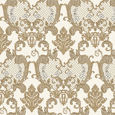 Damask Flocked Velvet Feel Wallpaper, White Gold Deep 3D Embossed Quilted Texture Luxury Wallcovering, Non-Woven - Walloro High End Wallcoverings & More