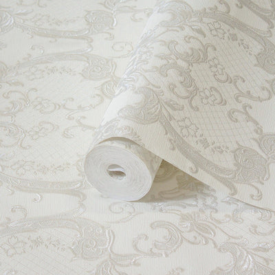 Damask Flocked Velvet Feel Wallpaper, White, Light Gray Deep 3D Embossed Quilted Texture Luxury Wallcovering, Non-Woven - Walloro High End Wallcoverings & More