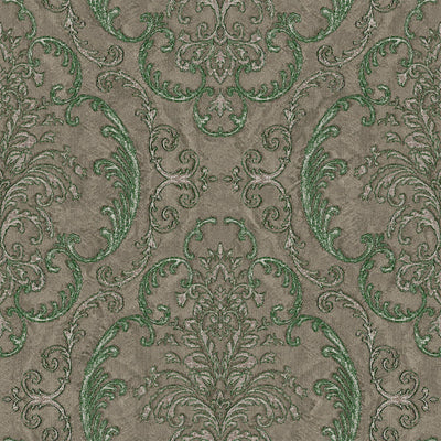 Deep Embossed Sparkling Damask Wallpaper, Stylish Brown Green Glittering Luxury Fabric Feel Vivid Colors, Home Commercial Use, Easy Clean, Water Resistant - Walloro High End Wallcoverings & More