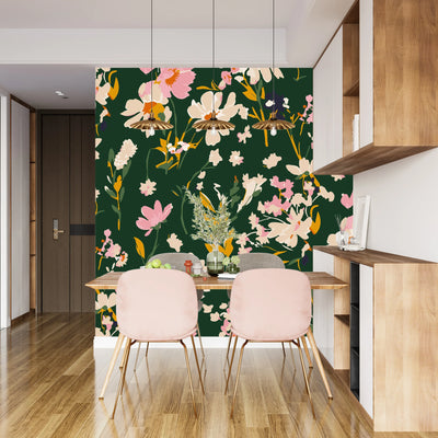 Hand Drawn Floral Wallpaper, Seamless Pattern Mural, Oversized Custom Size Wall Art, Non-Woven, Non-Adhesive, Modern Wall Paper, Removable