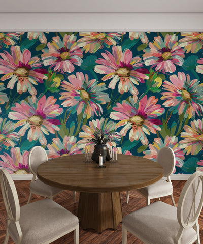 Abstract Flowers Blooming Wallpaper, Seamless Pattern Mural, Oversized Custom Size Wall Art, Non-Woven, Non-Adhesive, Modern Wall Paper, Removable