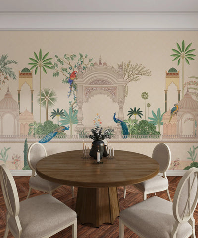 Mughal Garden Wallpaper, Peacock, Parrot Mural, Oversized Custom Size Wall Art, Non-Woven, Non-Adhesive, Modern Wall Paper, Removable