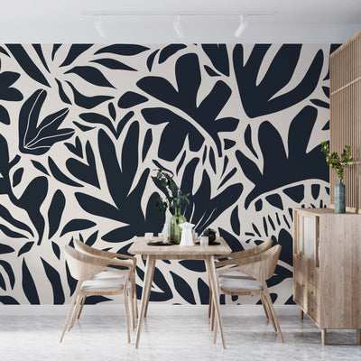 Leaf and Flower Pattern Wallpaper, Minimal Abstract Mural, Oversized Custom Size Wall Art, Non-Woven, Non-Adhesive, Modern Wall Paper, Removable