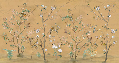 Extra Large Chinoiserie Floral Wallpaper, Birds Blossom Yellow Wall Mural, Custom Size, Luxury, Modern Wall Paper, Non-Pasted, Washable, Removable (Copy) - Walloro High End Wallcoverings & More