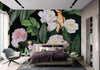 Floral Wall Mural, Green Peony Flower Parrot Wall Mural Art, Big Size Customizable Bird Theme, Non-Adhesive, Removable Wallpaper, Black, Washable, Home Interior Decor Wall Art - Walloro High End Wallcoverings & More