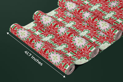 Christmas Poinsettia Retro Wallpaper, Seamless Pattern Mural, Oversized Custom Size Wall Art, Non-Woven, Non-Adhesive, Modern Wall Paper, Removable