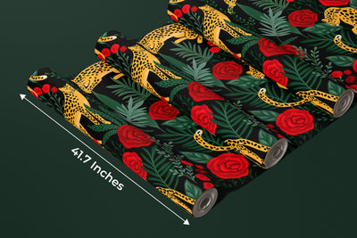 Leopards and Red Roses Wallpaper, Seamless Pattern Mural, Oversized Custom Size Wall Art, Non-Woven, Non-Adhesive, Modern Wall Paper, Removable
