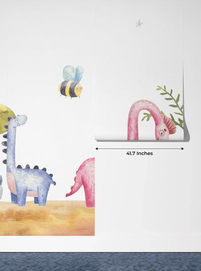 Colorful Dinosaurs, Trees Wallpaper, Seamless Pattern Mural, Oversized Custom Size Wall Art, Non-Woven, Non-Adhesive, Modern Wall Paper, Removable